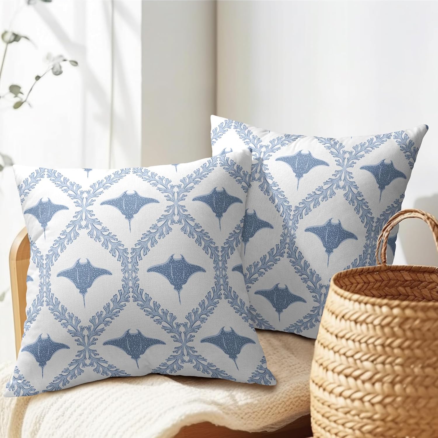 Coastal Pillow Covers 24x24 Inch Set of 2 Ocean Manta Ray Pattern Decorative Baby Blue White Pillowcases Outdoor Beachy Throw Pillow Covers with Zipper for Sofa Bed Chair Living Room Home Decor