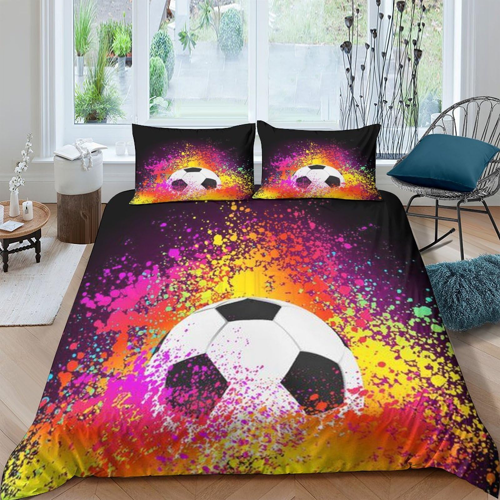 Housse de couette 220x240 football graffiti : parure de lit microfibre 3D pour lit King