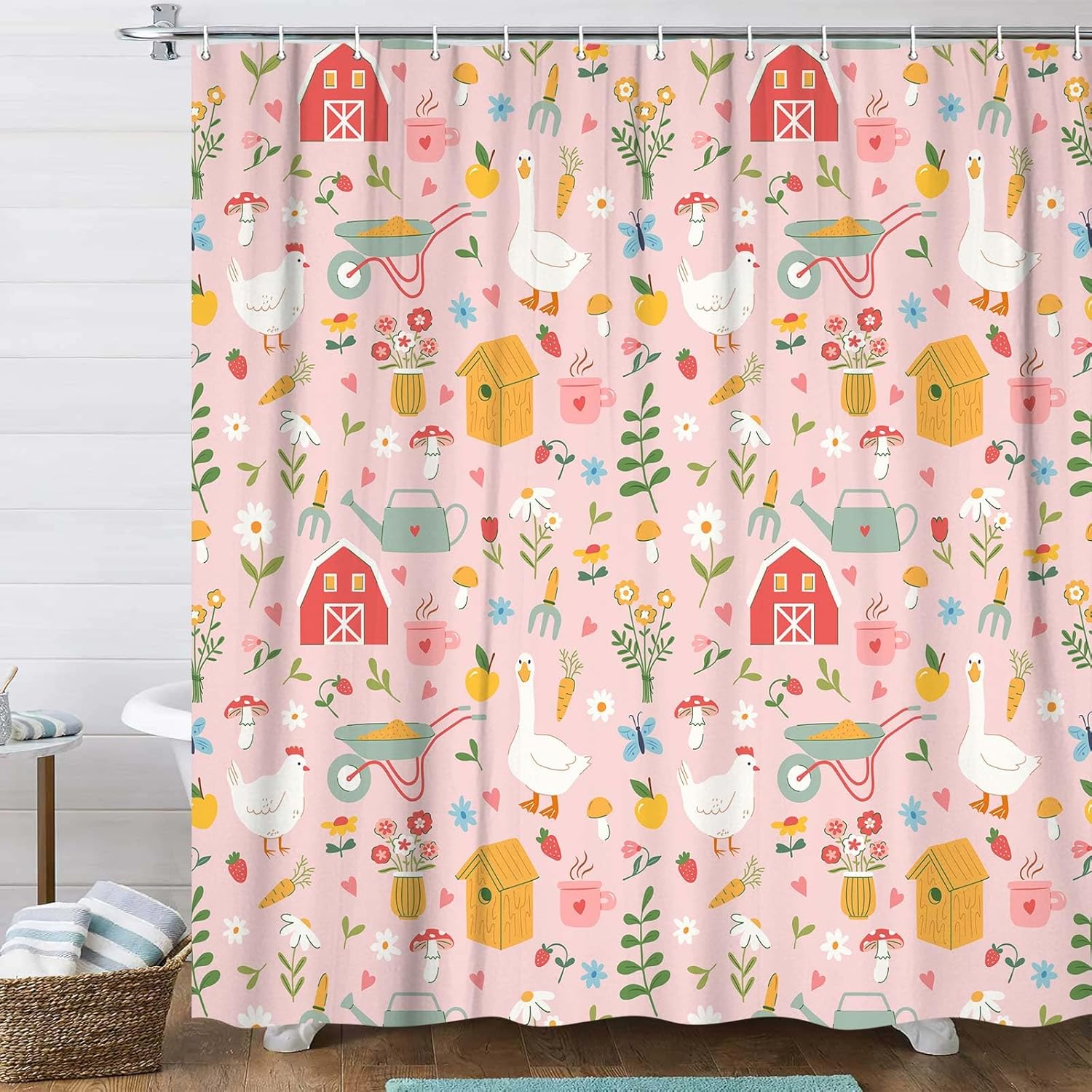 JAWO Pink Cottagecore Shower Curtain Classic Pastoral Rural Countryside Scenery Cute Farmhouse Animal Colorful Floral Pastel Bathroom Decor with Hooks