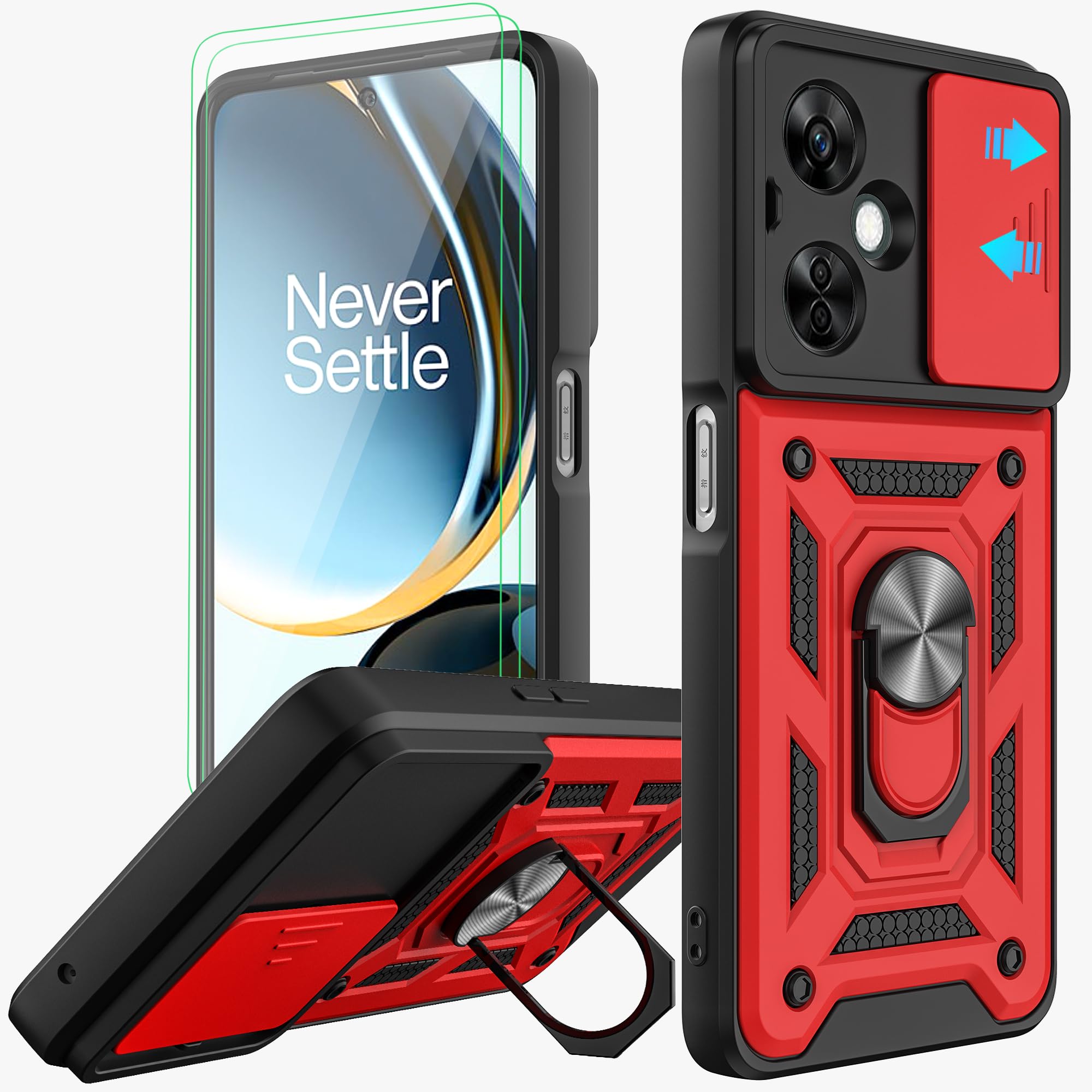 AKINIK for OnePlus Nord N30 5G / Nord CE 3 Lite 5G Case with Slide Camera Cover and 2pcs HD Screen Protector, 360° Rotation Ring Kickstand [Military