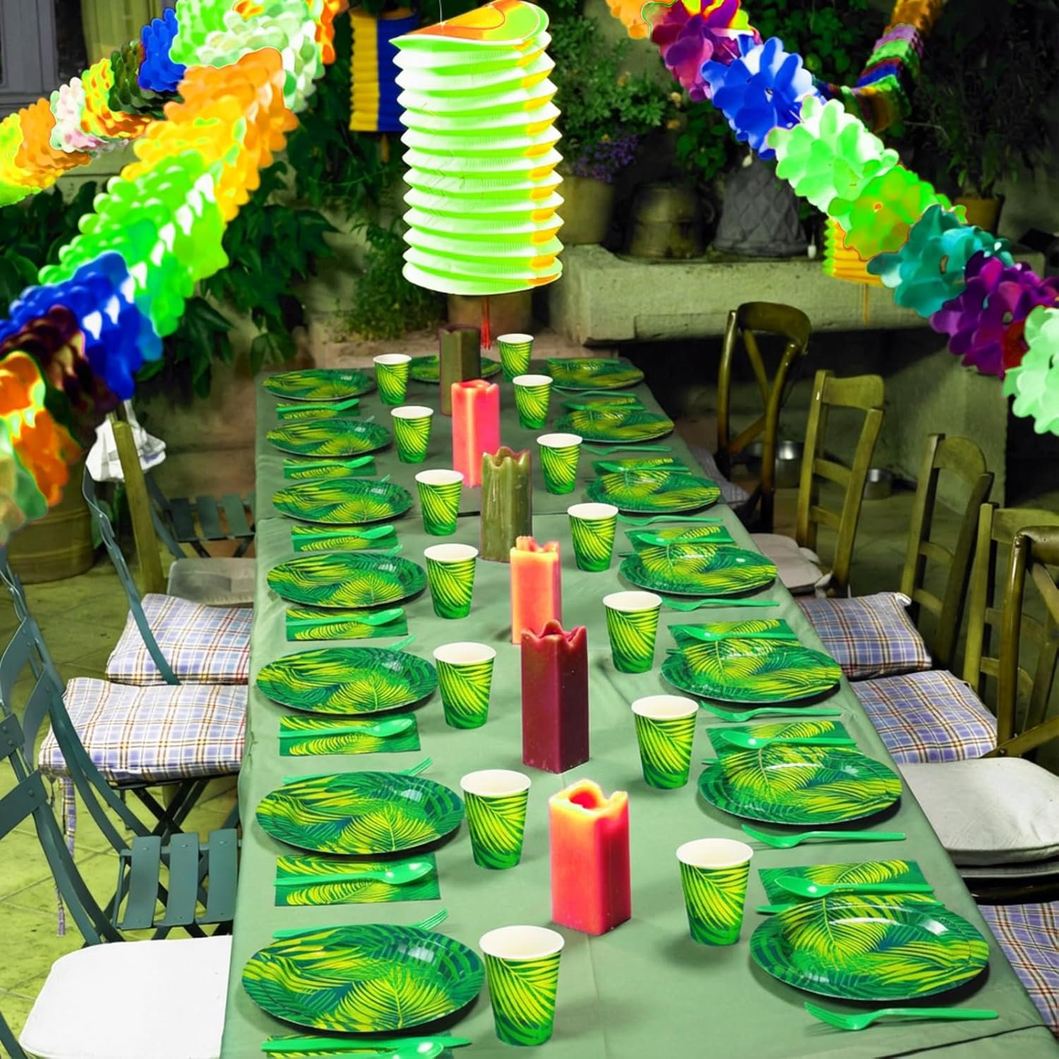 Yungyan 252 Pcs Hawaiian Luau Paper Plates and Napkins Set Tropical Palm Leaf Party Supplies Disposable Plates Napkins Cup Knives Spoons Fork for Summer Safari Jungle Hawaiian Luau Party Decorations