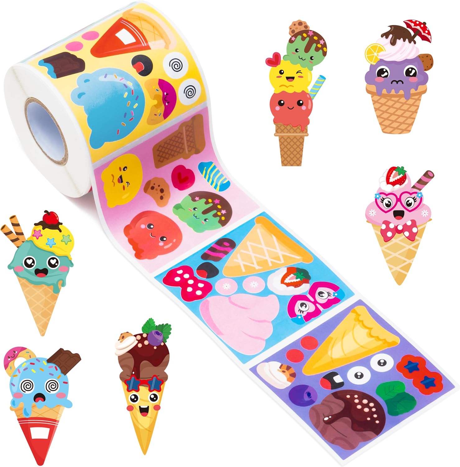 ANGOLIO 300 Summer Make a Face Stickers Roll Ice Cream Watermelon Make Your Own Stickers Mix and Match DIY Crafts Summer Party Favors Classroom Activities Game School Rewards Gift for Kids