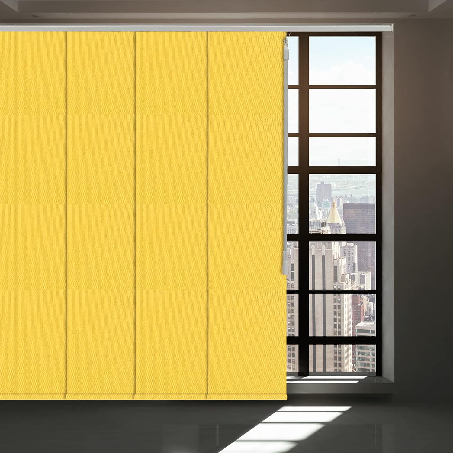 Blackout Cordless Sliding Panel Track Blind, 4-Rail or 6-Rail Track Vertical Blinds for Sliding Window and Patio Door, Woven Fabric Curtain, Yellow