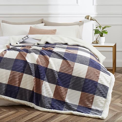 Miniatura 2 de Manta Sherpa de tamaño individual, manta gruesa a cuadros, 60 x 80 pulgadas, franela súper suave, forro polar, reversible, de terciopelo, cálida