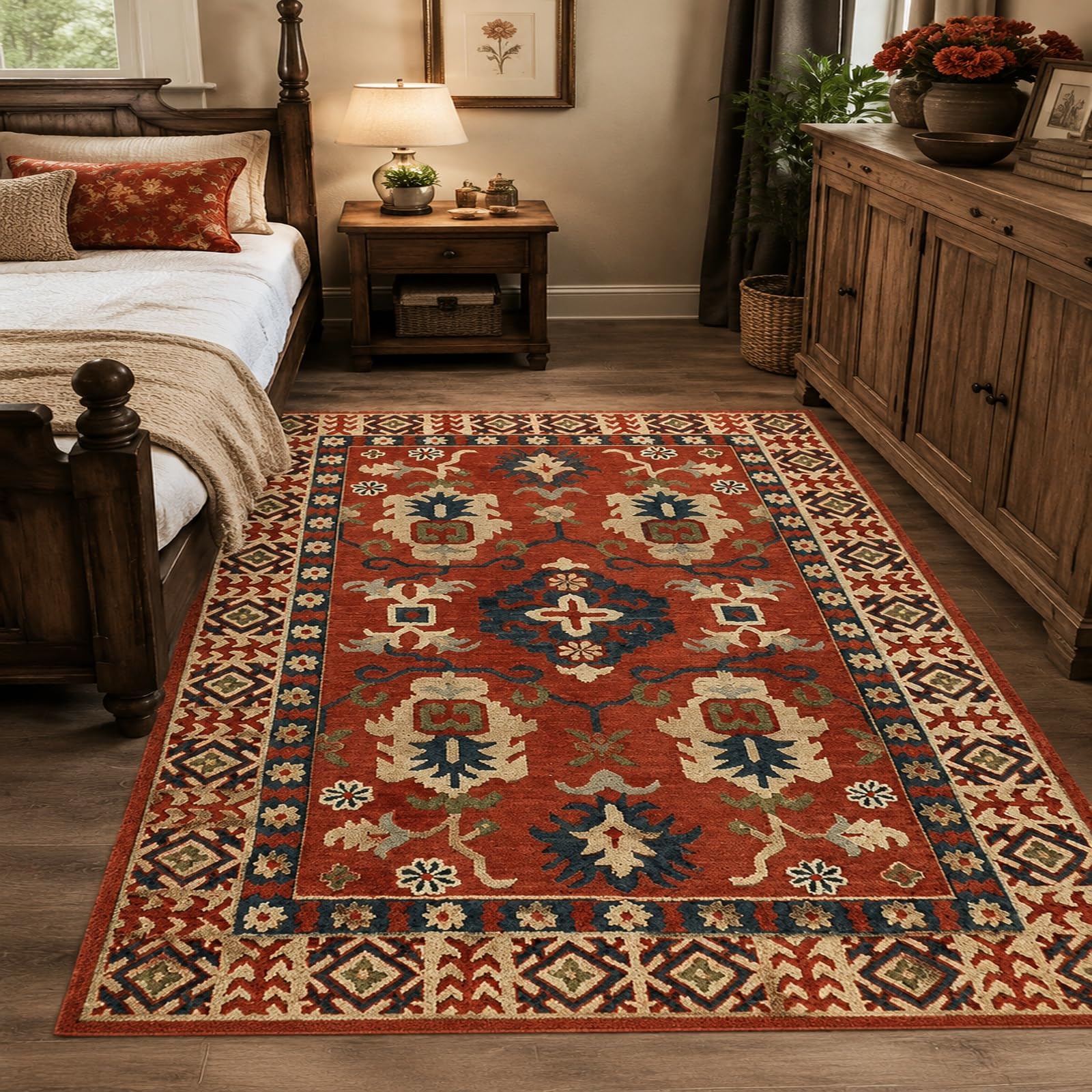 Tapis de chambre salon oriental rouge bleu blanc vert 120 x 170 cm