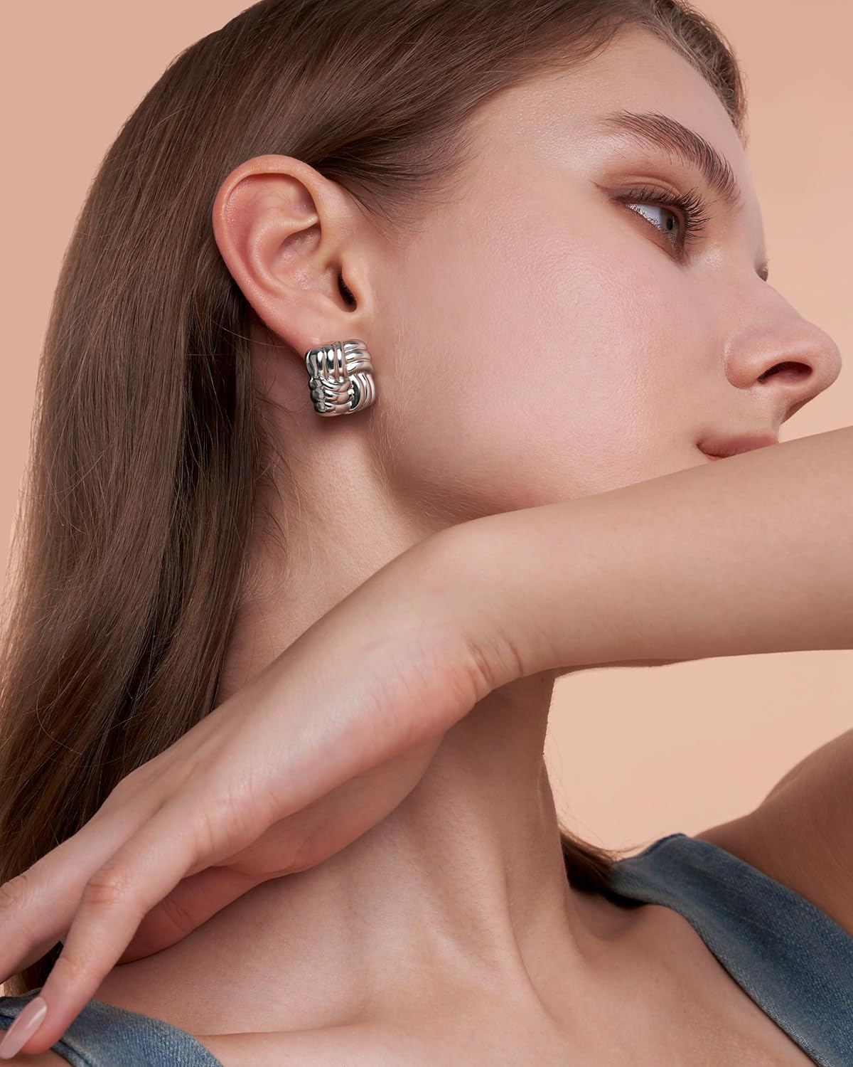 Silver Plated White 18K Gold Plated Chunky Retro Square Statement Earrings for Women by SNGIA, Medium Geometric Handmade Trendy Stud Ribbed Textured Patterned Jewelry Gifts, Rectangle Round Dome Textured Minimalist Huggies Fashion Button Accessories, Vintage Thick Rectangular Nickle Free Huggie Earring. - Image 4