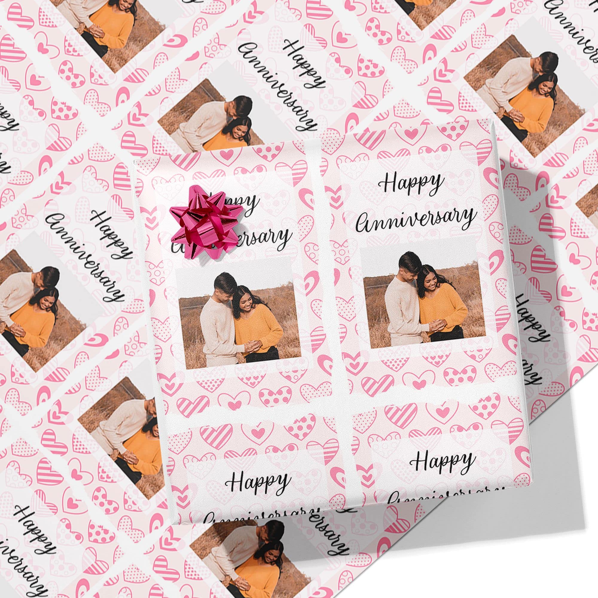 Printster Patterned Heart Anniversary Personalised Wrapping Paper - Add Any Photo-5m Roll - 594mm x 5000mm