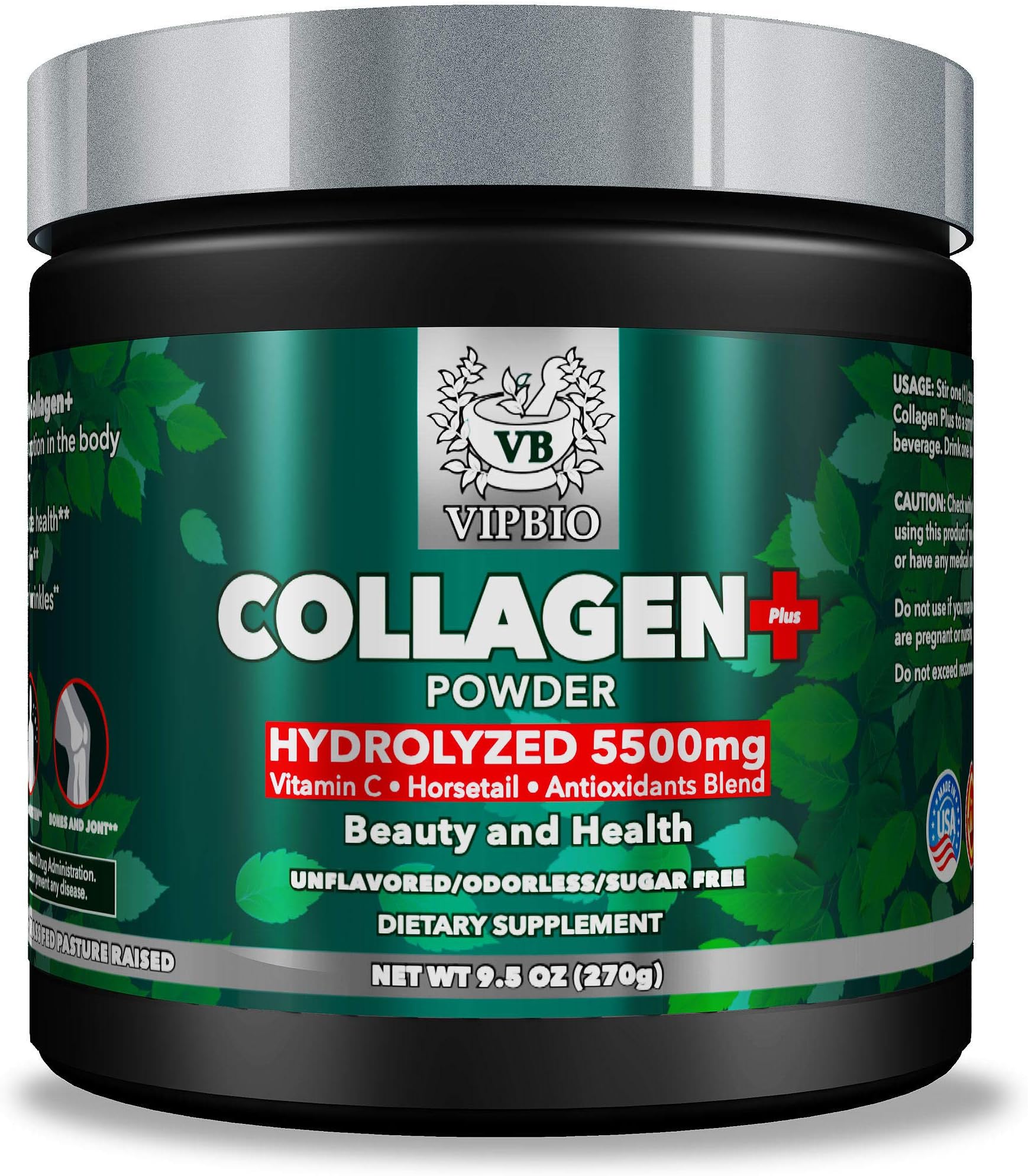 VipBio All Natural Hydrolyzed Collagen 5500 mg Plus Powder Protein with Vitamin C | Grass-Fed, Non-GMO and Gluten Free | Unflavored (9.5 oz)