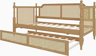 RuiSiSi Rattan Daybed, Traditional Style Wood Daybed with Trundle for Small Space Guestroom, Modern Twin Size Daybed Frame for Living Room, No Box Spring Needed, Antique Walnut