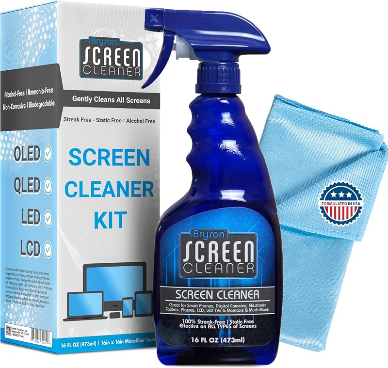 Bryson Kit de toallita y spray limpiador de pantalla - Seguro para LED, LCD, OLED, Smart TV, monitor, computadora portátil, computadora, pantalla de automóvil - 16 oz con paño de microfibra