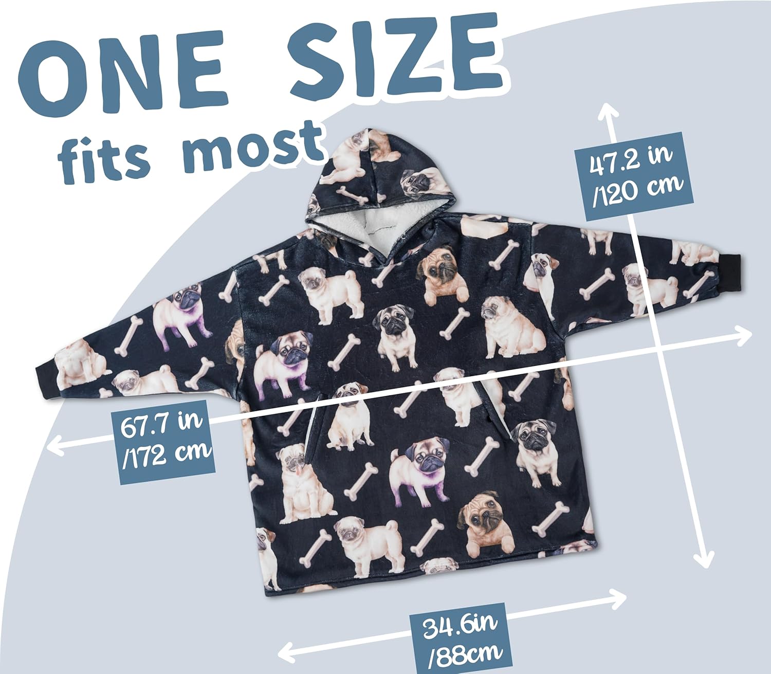 Pug Gifts Wearable Blanket Hoodie, Oversized Wearing Blanket for Pug Lovers - Watercolor