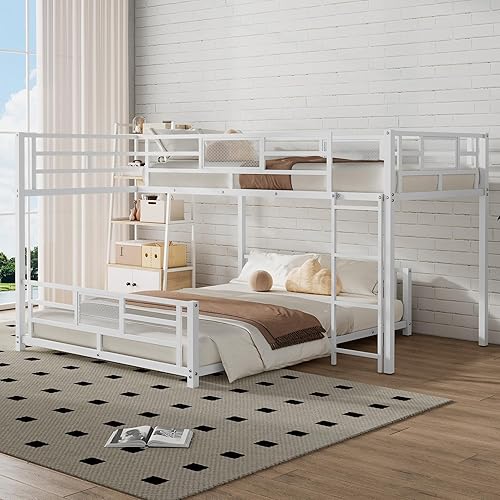 Miniatura 64 de Litera en forma de L individual sobre cama matrimonial adjunta, litera triple de metal con escritorio y tobogán integrados, marco de literas de