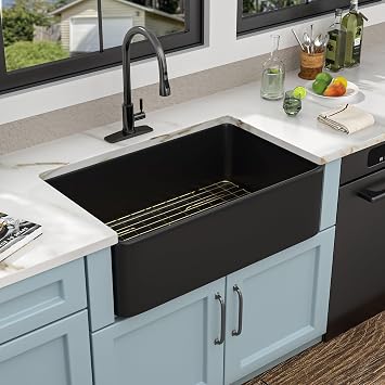 33"x20" Black Farmhouse Kitchen Sink Reversible Apron Front, Matte Black High-Gloss Porcelain Ceramic Fireclay Farm Sink, Single Bowl Farmer Style Basin