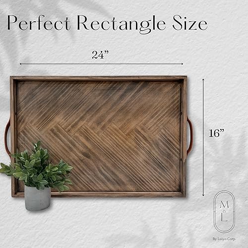 Miniatura 3 de LUIYO Bandeja grande de madera otomana, con mango de cuero, decorativa de madera, 24 x 24 x 1.5 pulgadas, bandeja cuadrada para servir mejor para