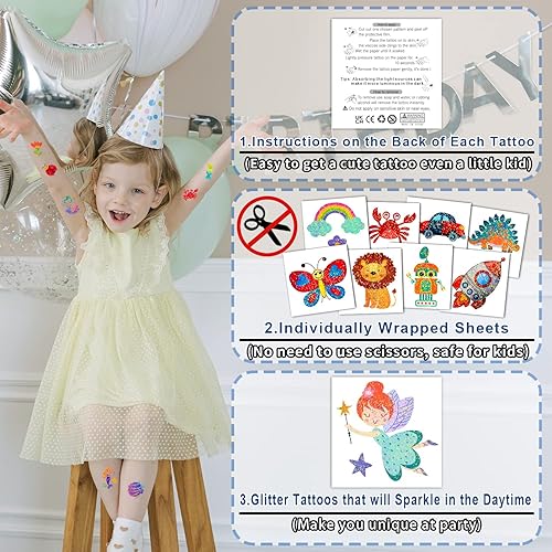 Miniatura 2 de Partywind 204 estilos de purpurina envueltas individualmente para niños, tatuajes falsos, sorpresa de cumpleaños para niños y niñas, suministros de