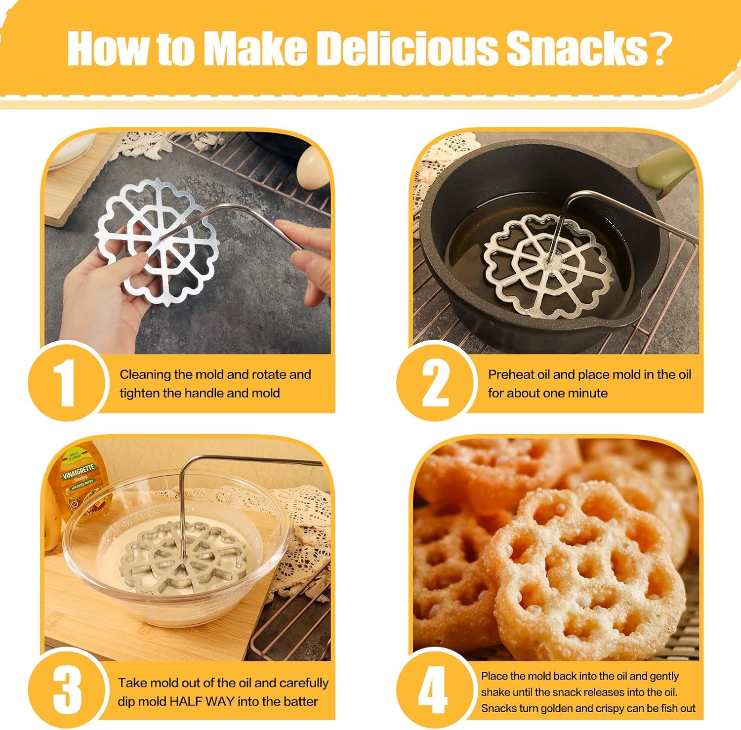Bunuelos Mold Rosette Iron Molds Set with Wooden Handle, Lotus Flower Bunuelos Cookie Maker Mold, Funnel Cake Maker Cooking Stamp Maker Kit