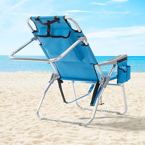 Miniatura 2 de Outvita Silla de playa tipo mochila, silla de playa de 5 niveles ajustables con bolsa de almacenamiento trasera, bolsa enfriadora y bolsas laterales