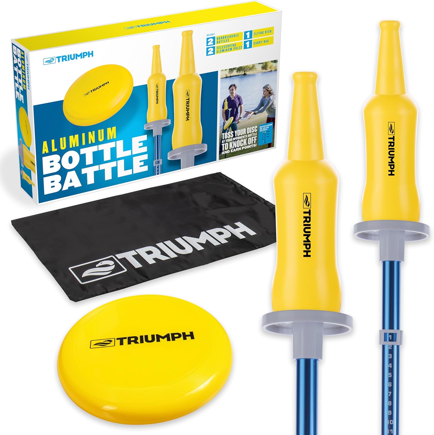 Triumph Sports Bottle Battle Disc-Throwing Outdoor Target Game Includes Two Aluminum Telescoping Poles, Two Non-Breakable Bottles, and Disc, Blue
