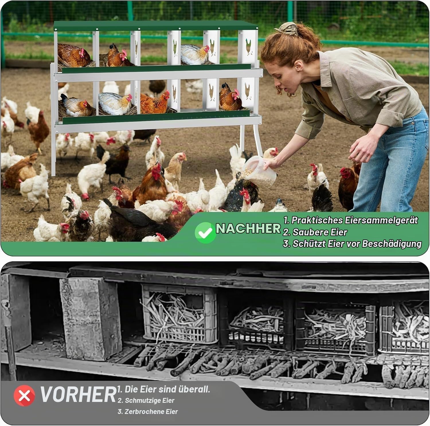 Hühner Legenester 10 Abteile, Metall Rollnestkasten Hühnernest mit Auffangschale & Lüftungsgitter, Hühnerstall Eiersammelboxen mit Standbeine, Stabiler, Korrosionsbeständiger, 136 * 43 * 90cm, Grün