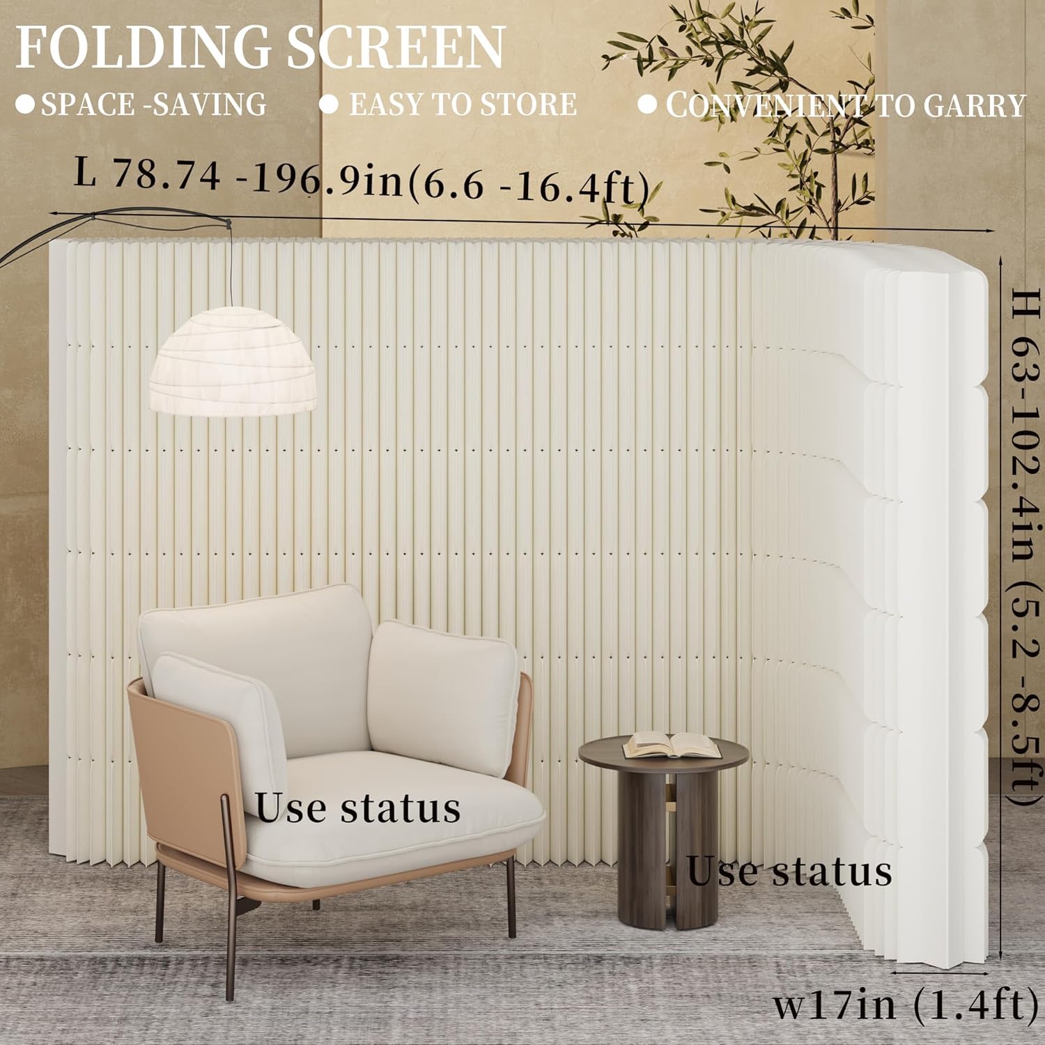 Foldable Paper Room Divider - Portable Accordion Privacy Screen, Freestanding Partition for Living Room & Home Office, Easy to Assemble as Room Divider or Backdrop Wall (H70.9in * L157.5in)