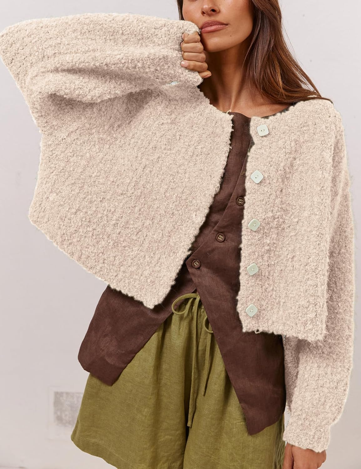 Lviefent Women Knit Cardigans Fluffy Casual Open Front Button Down Long Sleeve Cropped Sweater Jacket Outwear - Image 2