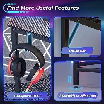 Huuger L Shaped Gaming Desk with Power Outlets & LED Lights, Computer Desk with Monitor Shelves, Carbon Fiber Surface, Home Office Desk, Corner Gaming Desk with Hooks, Carbon Fiber Black