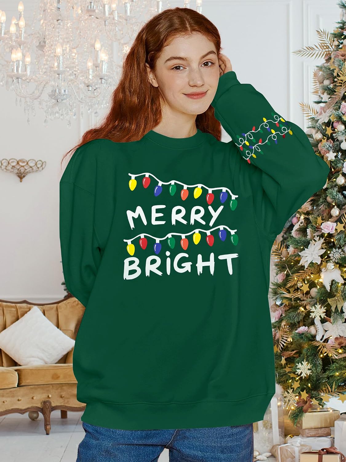 Oversized Christmas Sweatshirt Women Merry and Bright Shirt Christmas Tree Lights Sweatshirts Xmas Holiday Pullover Tops