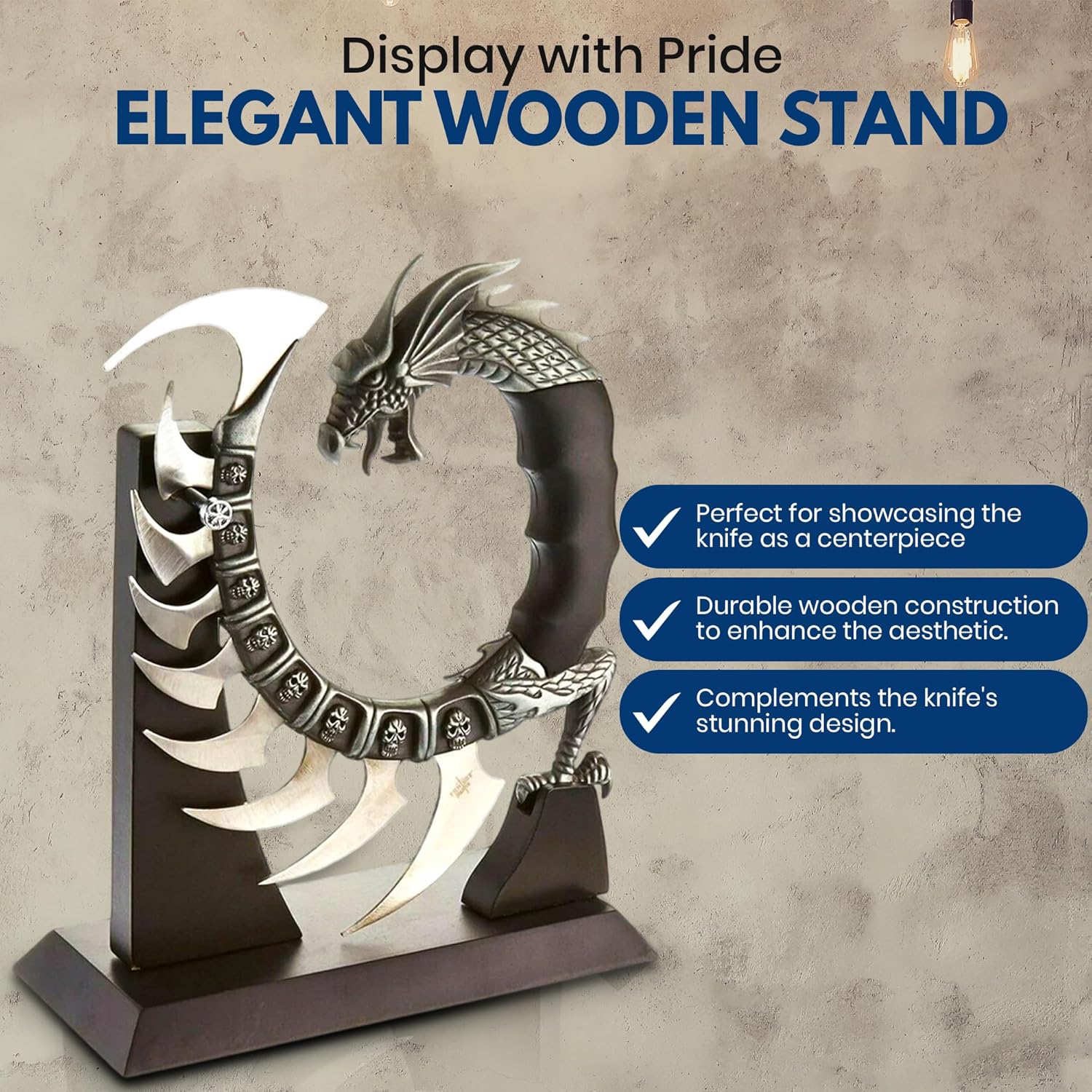 Rite Edge 8.5" Dragon Spine Decorative Knife Set – Circular Dragon Design with Satin Blades, Zinc Alloy Handle, and Wooden Display Stand – Unique Collectible