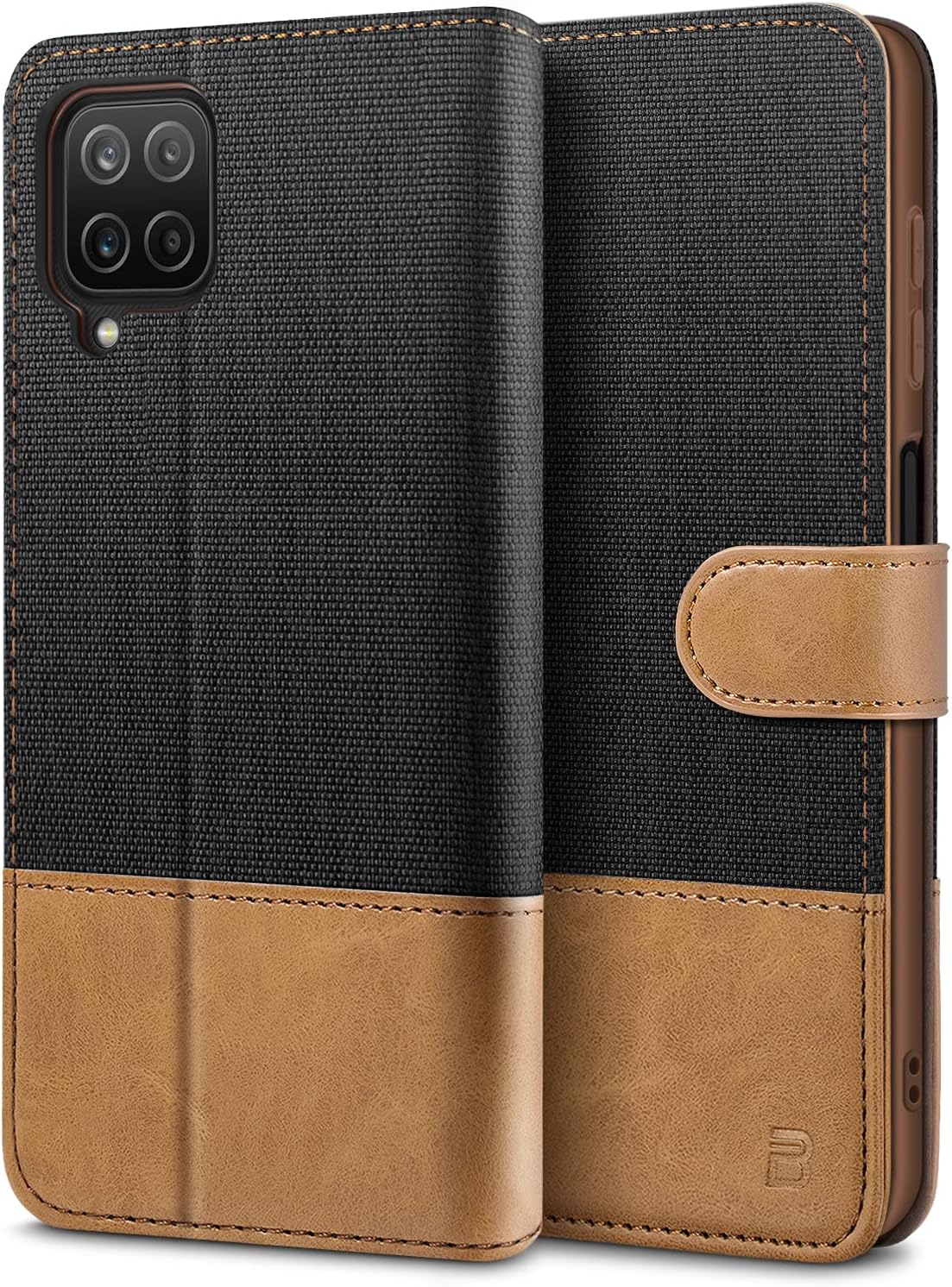 BEZ Samsung A12 Phone Case, Samsung Galaxy A12 Case Compatible with Samsung Galaxy A12, Flip Wallet Cover [Canvas Faux Leather] with Credit Card Holders, Kick Stand, Magnetic Strap Closure, Black