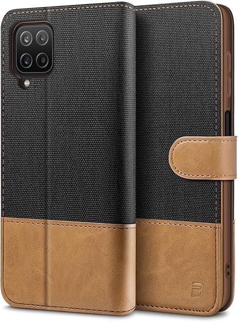 BEZ Samsung A12 Phone Case, Samsung Galaxy A12 Case Compatible with Samsung Galaxy A12, Flip Wallet Cover [Canvas Faux Leather] with Credit Card Holders, Kick Stand, Magnetic Strap Closure, Black