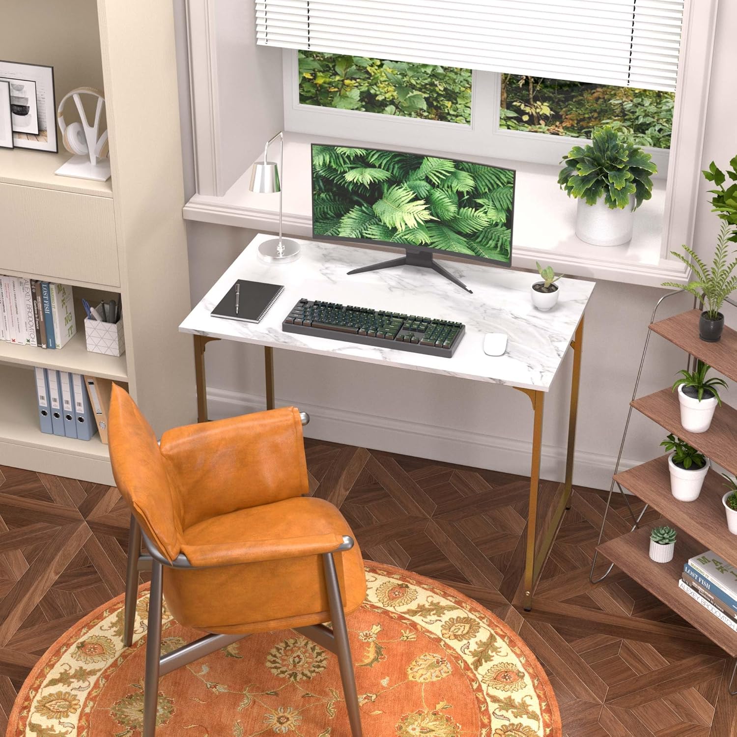 39 Inch Computer Desk with Wood Board and Metal Frame, Modern Simple Style Work Desk with Adjustable Feet, Study Gaming Desk Table for Home Office, Bedroom, Small Spaces