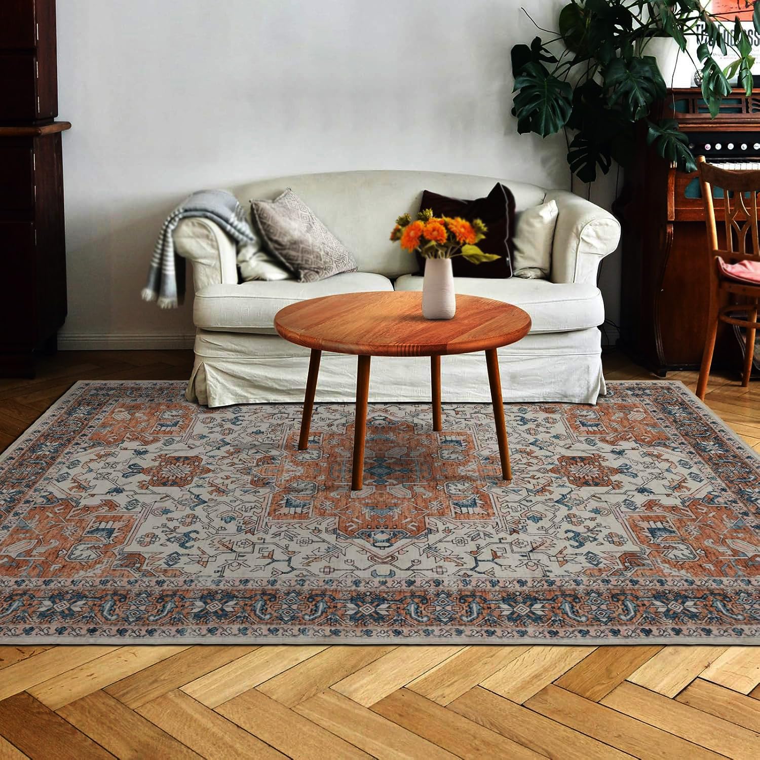 Nowoczesny dywan do salonu wewnątrz na zewnątrz taras balkon dywaniki podłogowe, vintage orientalny pomarańczowy, niebieski, beżowy, brązowy, 140 x 200 cm