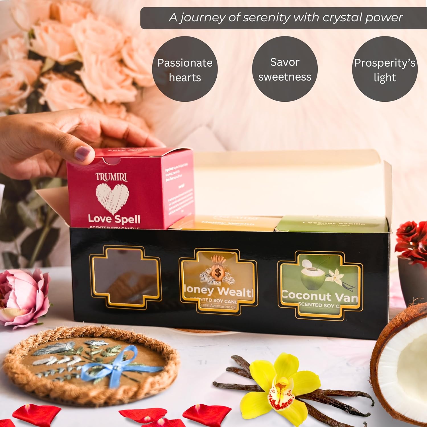 Love Spell, Money Wealth, Coconut Vanilla - Soy Candles Non Toxic - Highly Scented Long Lasting with Essential Oils - Variety Pack of 3 x 5oz - for Home Aromatherapy Meditation Gift Travel