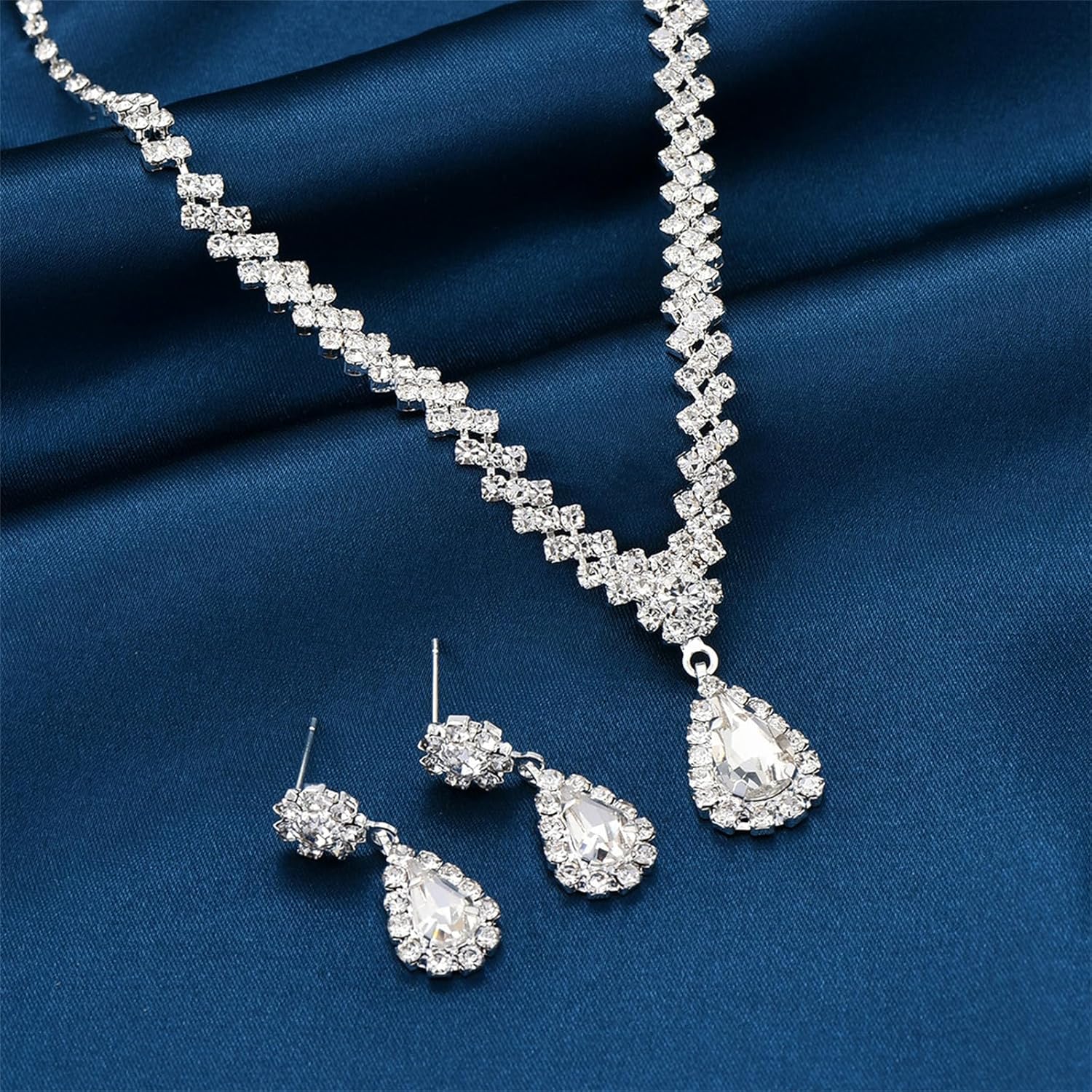 Sparkly Crystal Wedding Jewelry Set,Elegant Silver Rhinestone Necklace Crystal Teardrop Dangle Earrings Bridal Wedding Prom Costume Jewelry Sets for Women Bridesmaids - Image 5