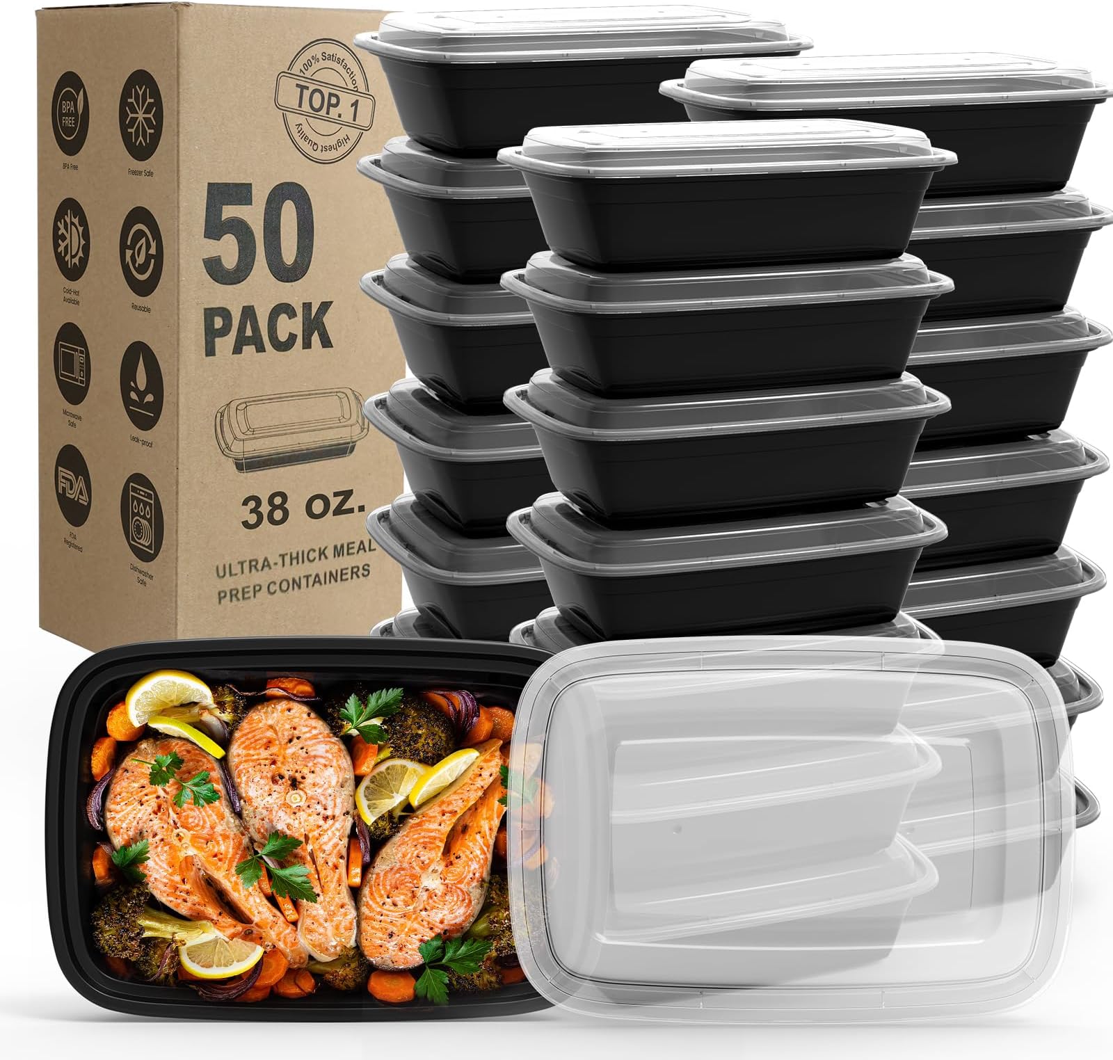 [50 Pack, 38 oz] Meal Prep Containers with Lids