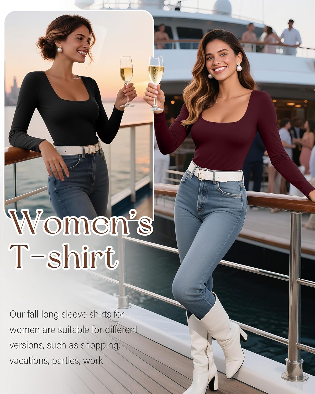 Huukeay 5 Pack Long Sleeve Shirts for Women Square Neck Tops Slim Multipack Casual Basic Tee Layer Undershirts - Image 4