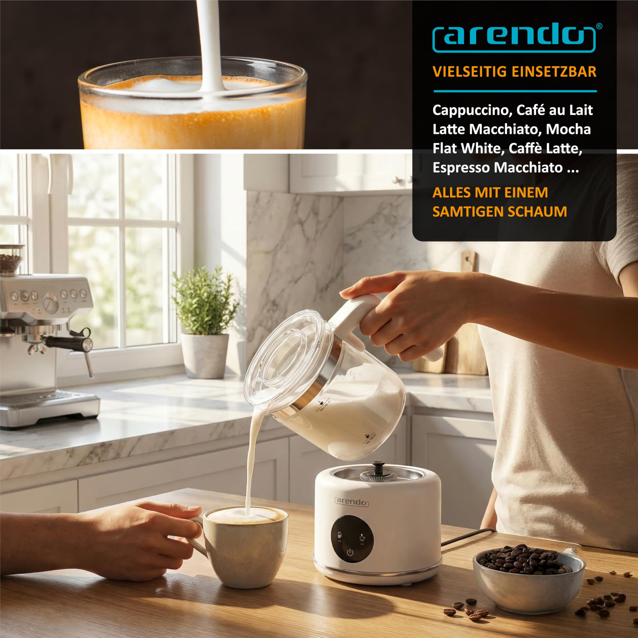 Arendo – Milchaufschäumer elektrisch – 600 Watt Heizelement – 500 ml – 6 Automatikprogramme – Milchschaum für heiß und kalt – 2 Einsätze – für Cappuccino Latte Macchiato heiße Schokolade