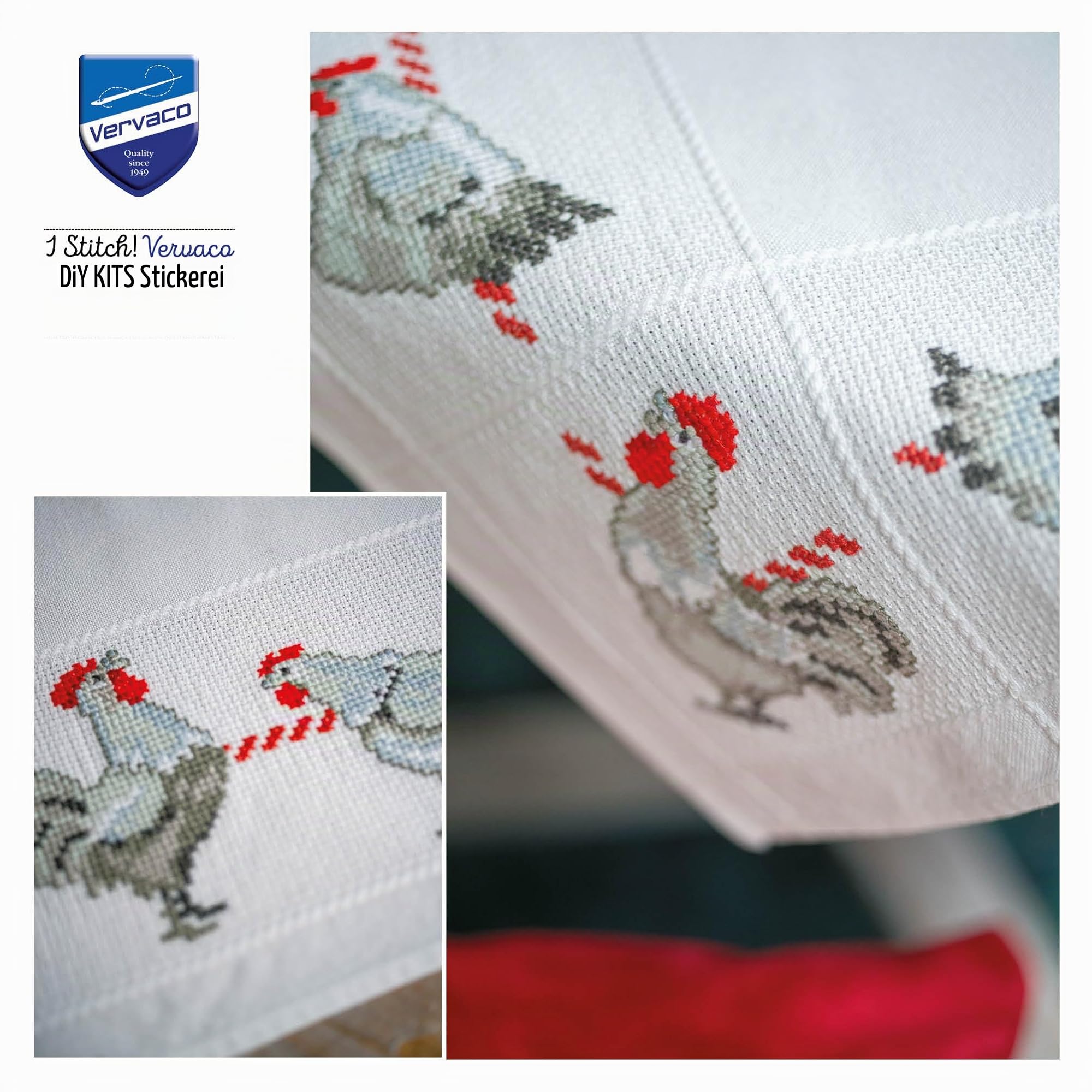 Vervaco Stickpackung Tischdecke Zählmusterpackung Kreuzstich Hühner Stickdecken zum Selbersticken Bastelset Handwerker Kreativ Set für Erwachsene 80 x 80 cm Kreatives Geschenk