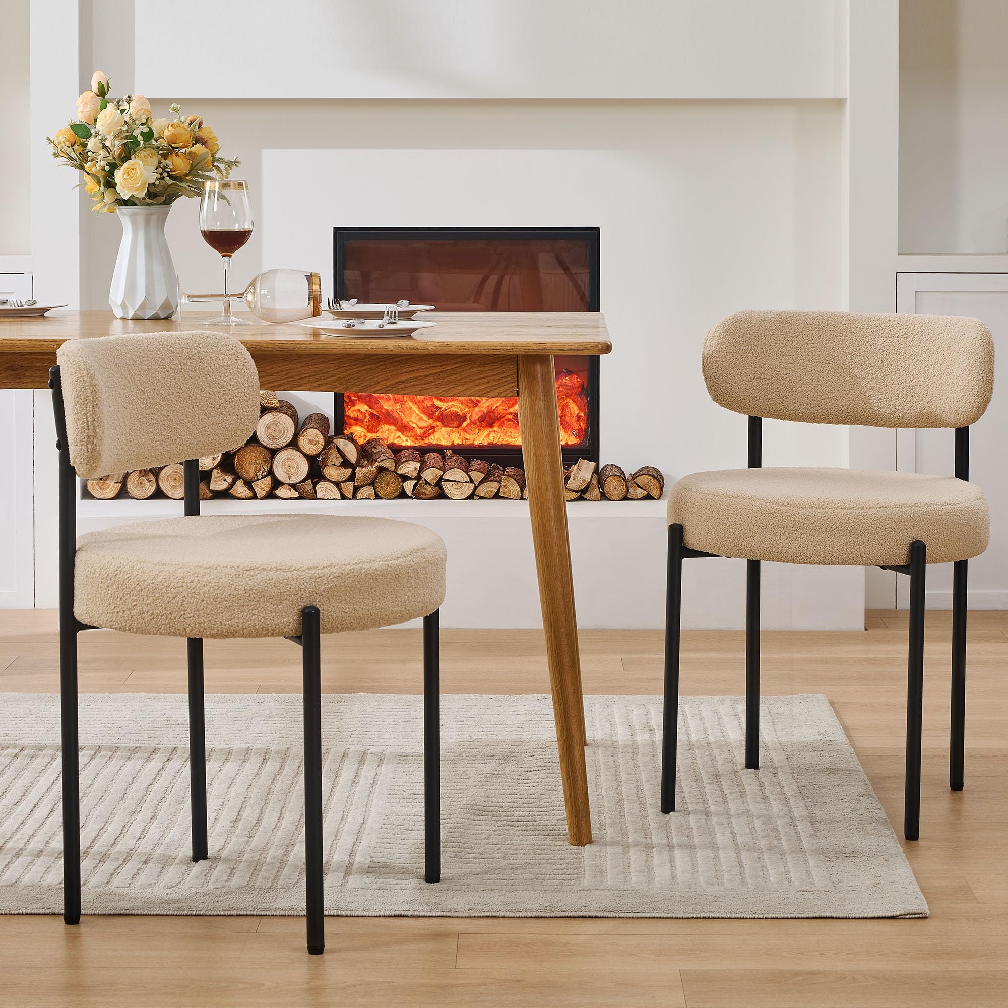 similar to photo……..White Boucle Dining Chairs, Kitchen Dining Room Chairs Curved Backrest Upholstered Mid Century Modern Dining Chairs (Beige, 2pcs)