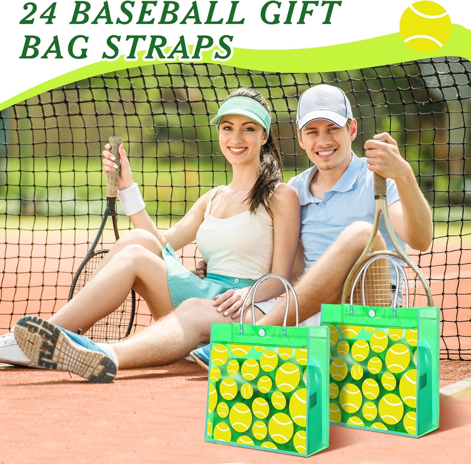 Sweetude 24 Pieces Tennis Gift Goodie Bags with Handles 8x8x3.15 Inch PVC Green Tennis Theme Party Favor Clear Treat Bags Bulk for Sports Party Competition Team Birthday Gifts