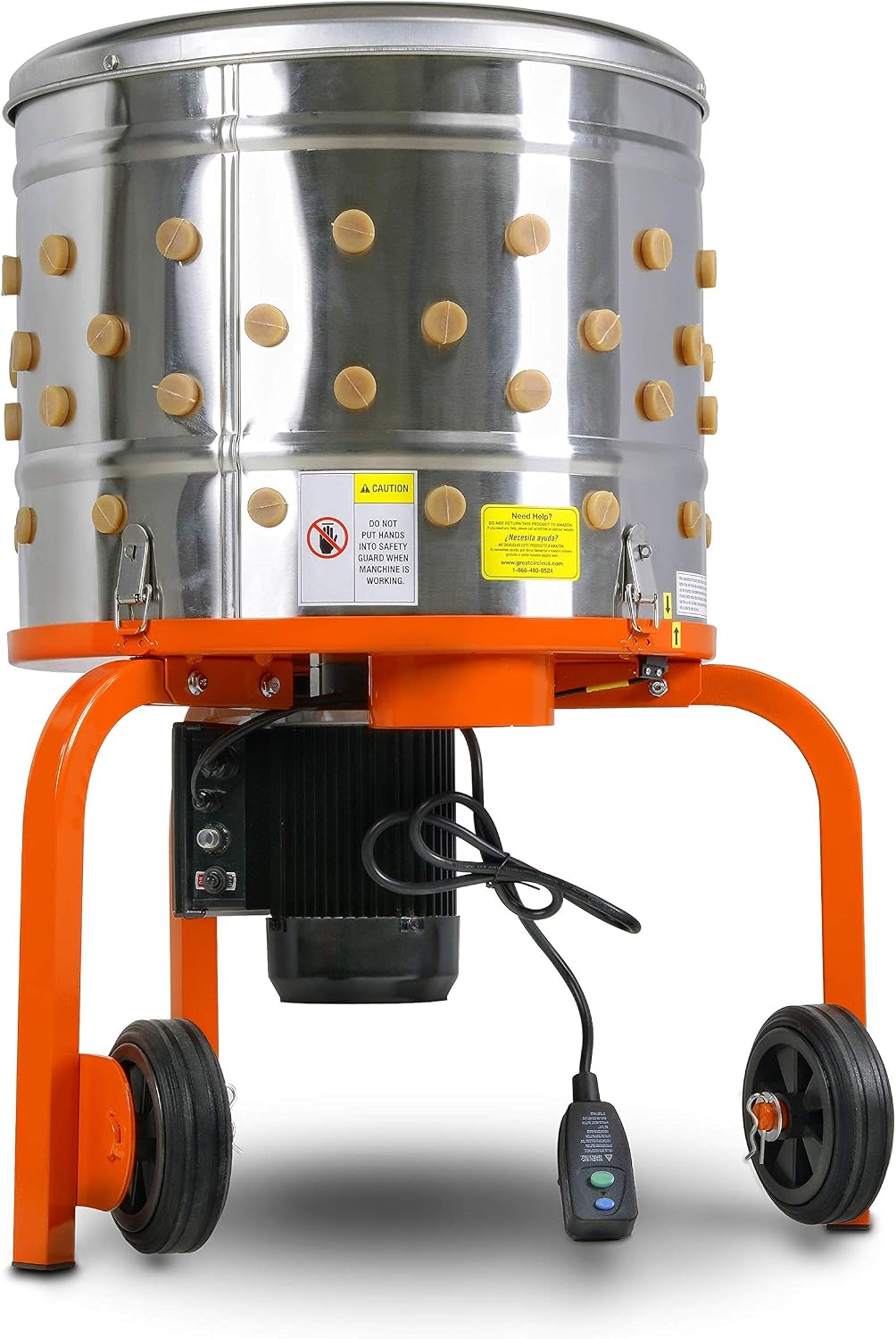 SuperHandy Chicken Plucker De-Feather Remover Poultry and Fowl Food Processor Electric Stainless Steel Heavy Duty 1HP 120VAC 280RPM GFCI Connector 92 Soft Fingers 20" Drum Diameter