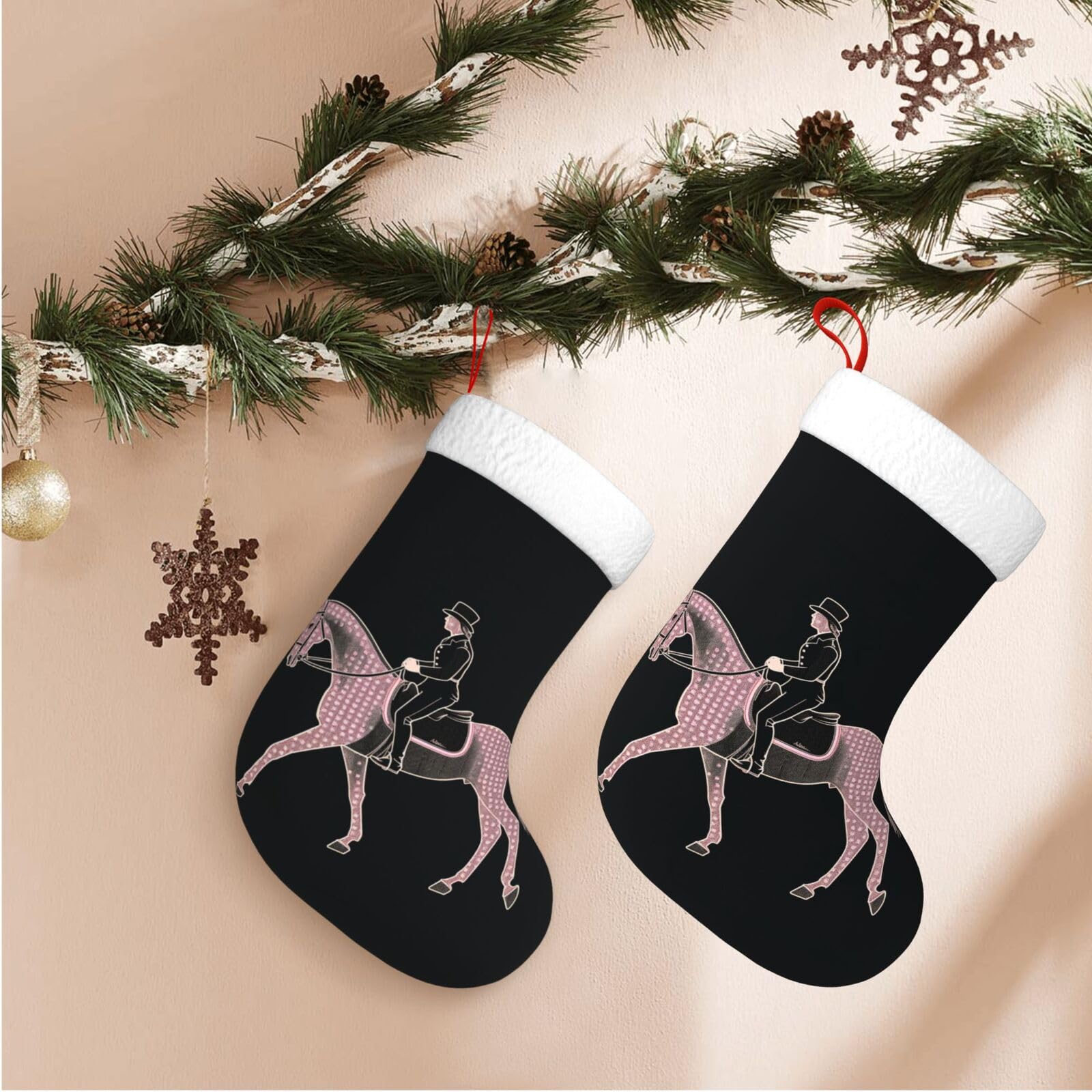 Fodpand Boys Black Dressage Dressage Rider Horse Christmas Stockings Hanging Ornaments For Holiday Decor, 18 Inches Velvet Xmas Stocking With White Plush Cuff, Candy Gift Bags For Christmas Decorations