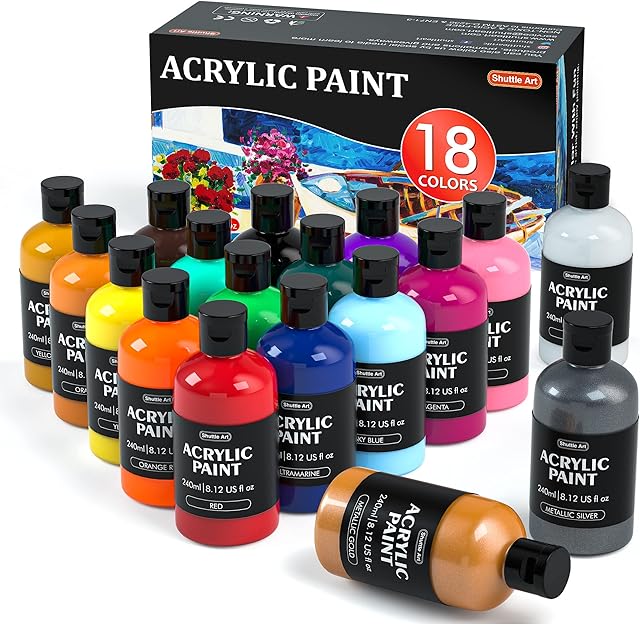 Acrylic Paint, Shuttle Art 18 Colours Acrylic Paint Bottle Set (240ml/8.12oz), Rich Pigmented Acrylic Paints, Bulk Painting Supplies for Artists, Beginners and Kids on Rocks Crafts Canvas Wood Ceramic