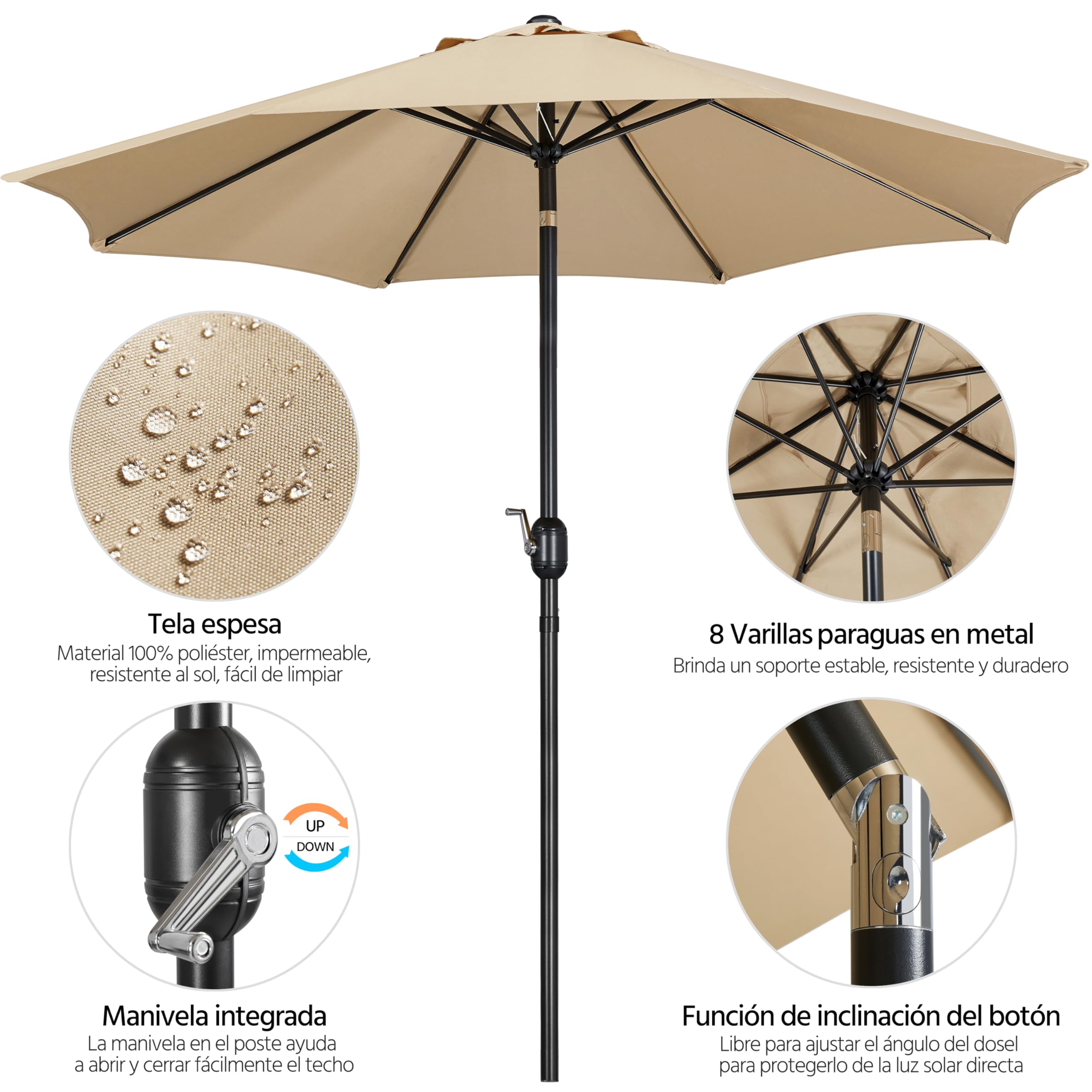Yaheetech Parasol Sombrilla Jardín 230cm/270cm Inclinable Impermeable Protección UV Sombrilla Terraza Exterior Piscina Patio Balcón con Manivela 270cm Beige