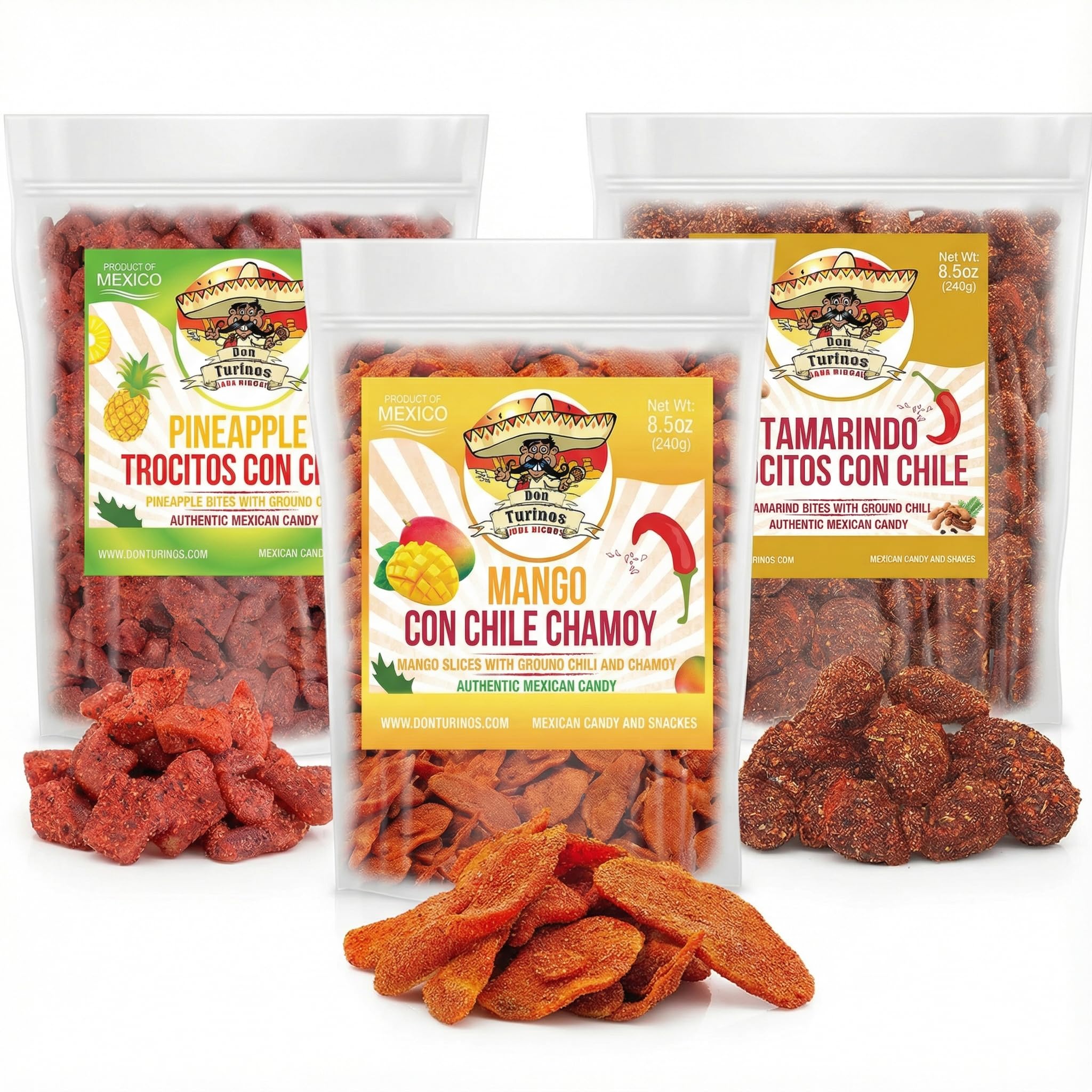 Mexican Fruit Candy 3-Pack, Dulces Mexicanos, Mango Chamoy, Pineapple Chile, and Tamarind Chile, Sweet and Spicy Candies Assortment by Don Turinos