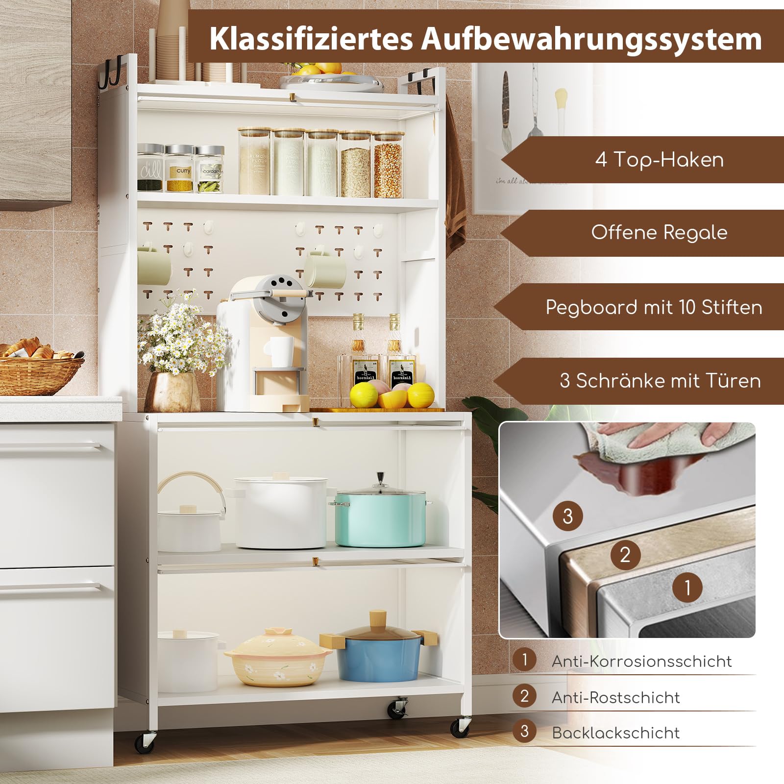 COSTWAY Küchenschrank hoch, Küchenregal mit Rollen, Buffetschrank mit Klapptüren, Stecktafel, Haken & Kippschutz, Standregal Hochschrank, für Küche Esszimmer Wohnzimmer, 80 x 40 x 160 cm (Weiß)