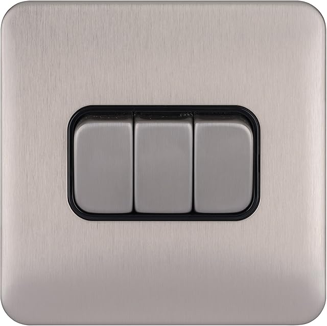 Schneider Electric Lisse Screwless Deco - 3 Gang 2 Way Light Switch, 10AX, GGBL1032BSS, Stainless Steel with Black Insert