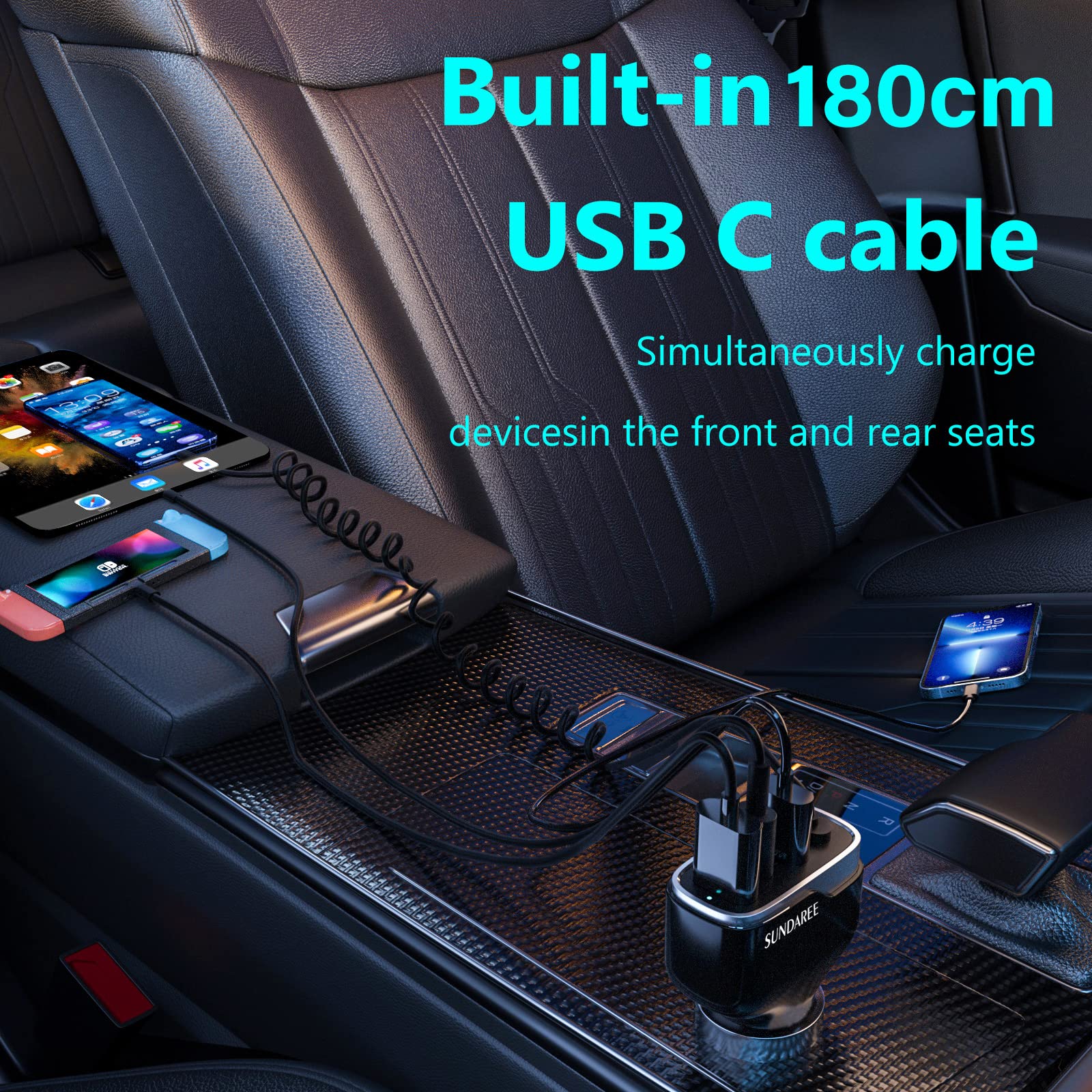 SUNDAREE Caricatore Auto USB C,60W 4 Porte 12V PD QC Fast Charge Carica Rapida Tipo C 1.8M Cavo Spirale Caricabatterie Accendisigari Adattatore for Redmi Note 12/Poco/Galaxy A32/iPhone 14/OnePlus/OPPO