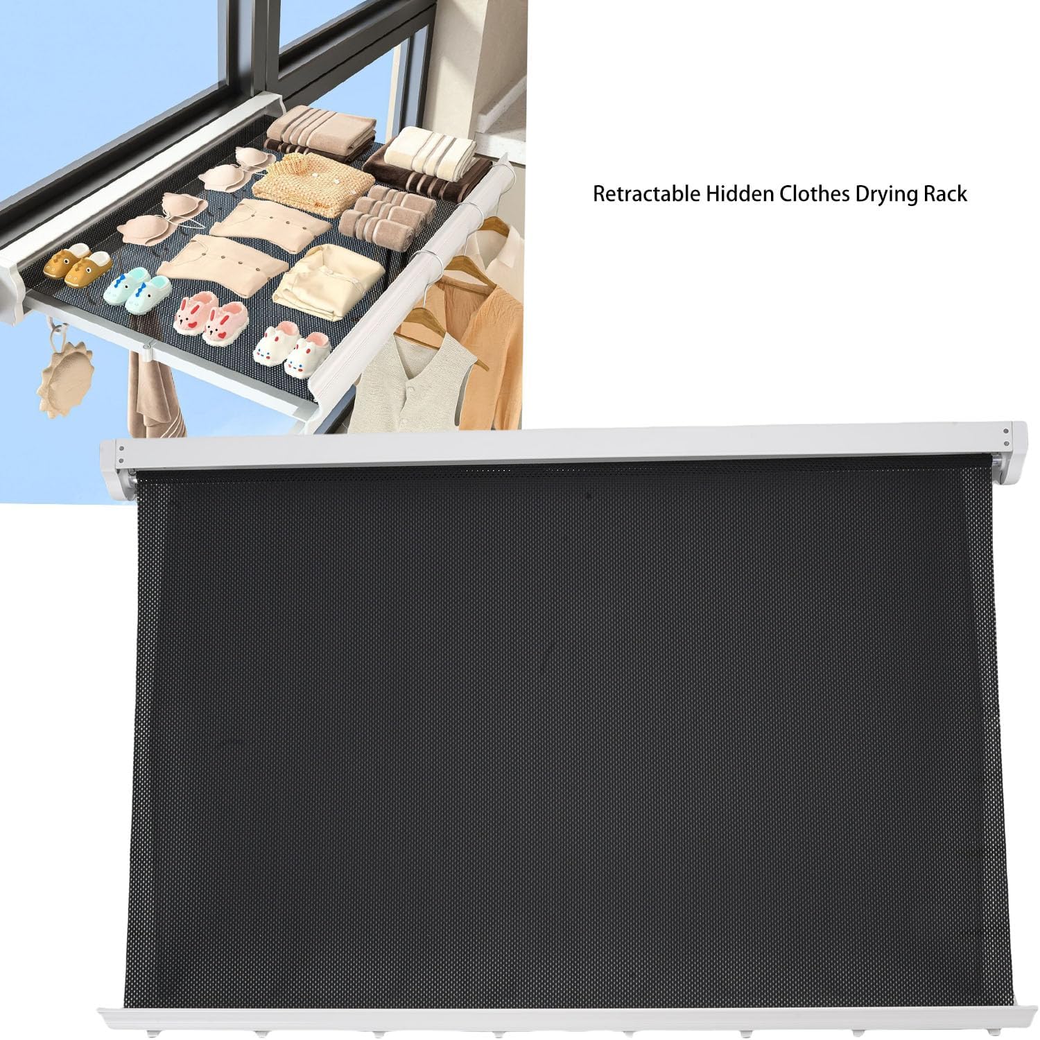 Wall Mounted Clothes Drying Rack, 23.6 Inch Laundry Drying Rack Retractable Hidden Laundry Drying Mesh Net Space Saving for Laundry Room Bathroom Balcony (White)