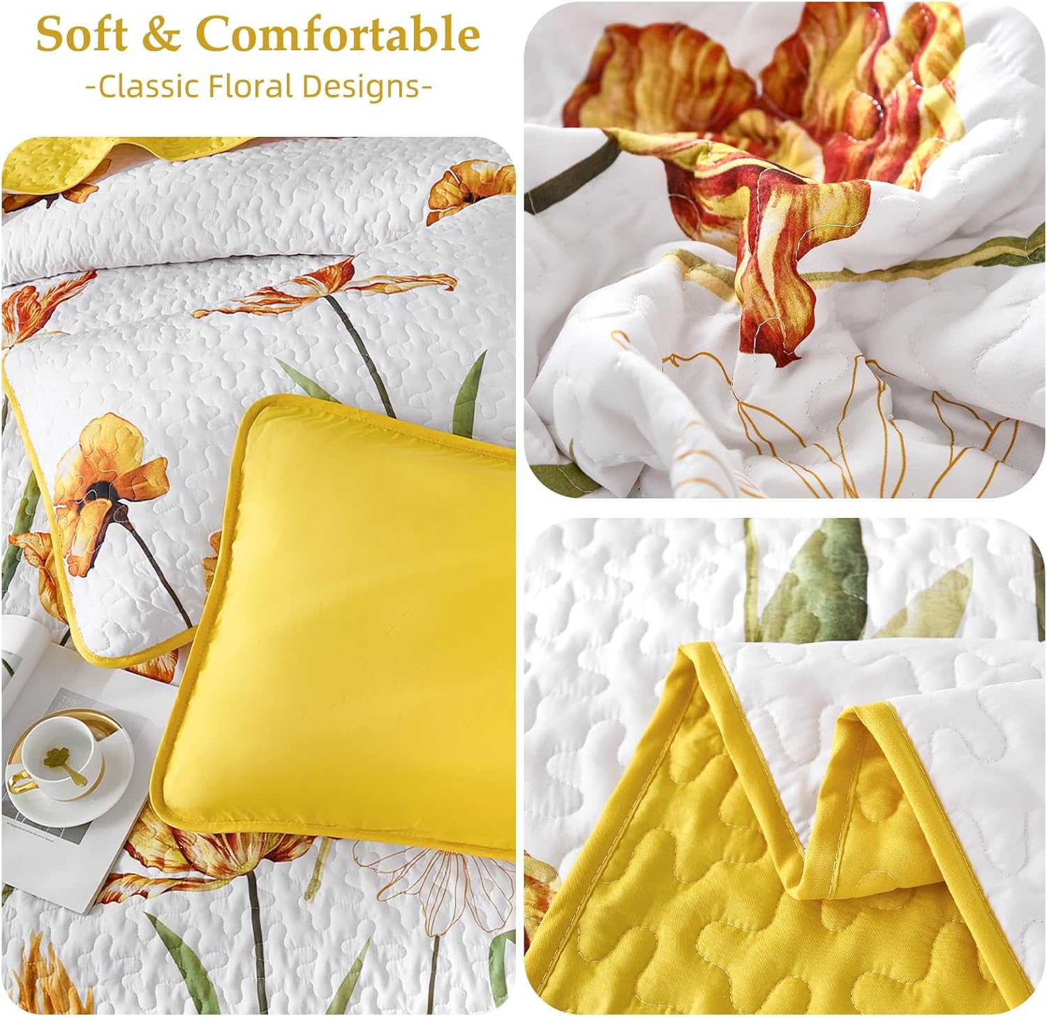 WONGS BEDDING Yellow Quilt Set Queen Size, Colorful Floral Quilt Set with 2 Pillowcase, Lightweight Spring Summer Farmhouse Coverlet Set for All Season (96"x90") - Image 6